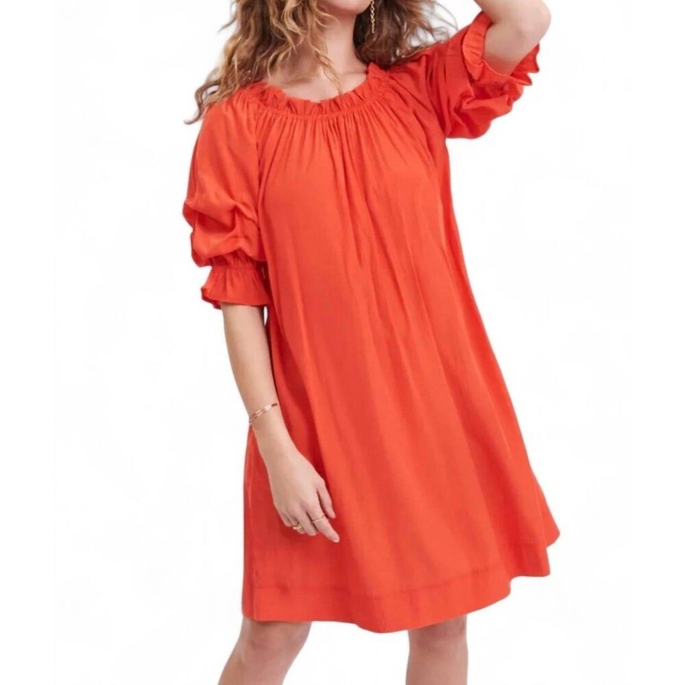 Mersea Tulum Ruffle Dress Women's Size Medium Orange Gathered Mini Shift Dress